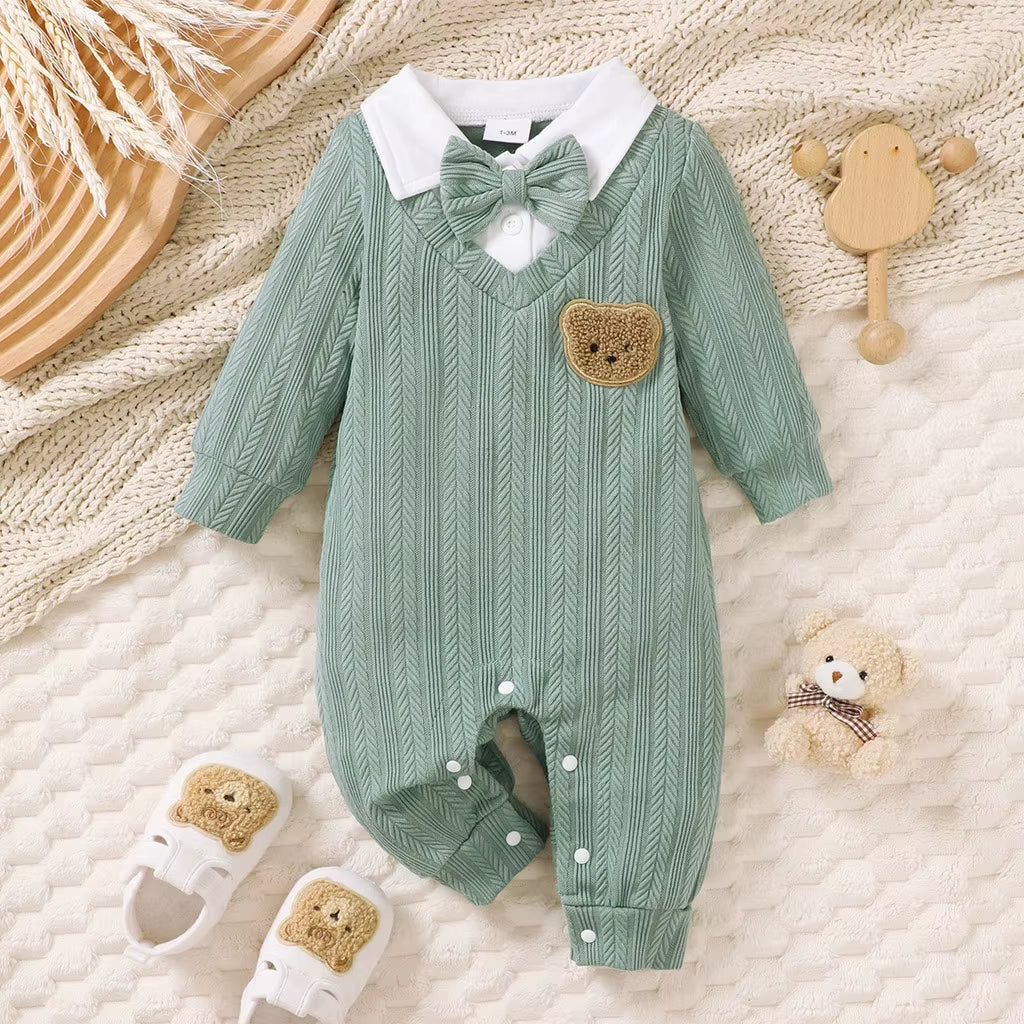 Newborn Baby Boy Cute Bodysuit Long Sleeved Knit Bear with Bow Tie Jumpsuit Birthday Party Clothing for Infant Boy 1-18 Months