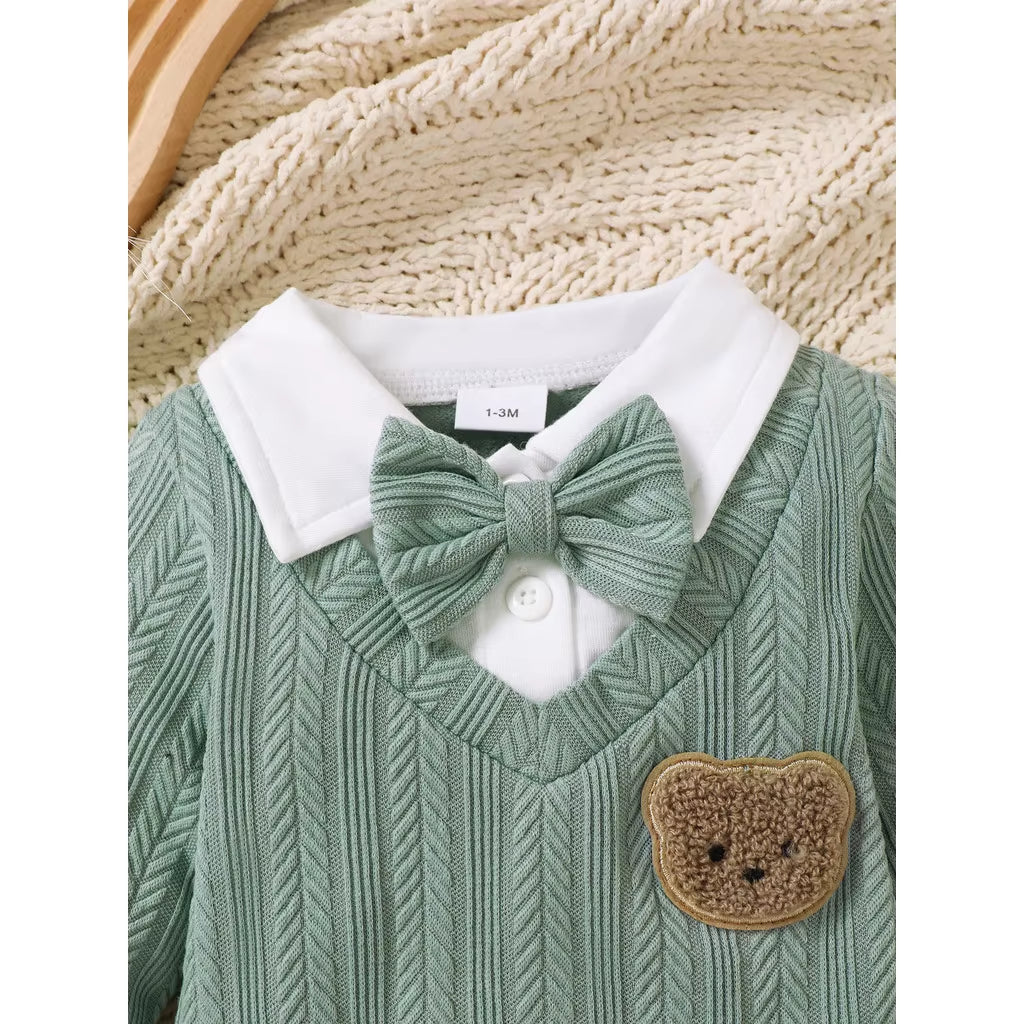 Newborn Baby Boy Cute Bodysuit Long Sleeved Knit Bear with Bow Tie Jumpsuit Birthday Party Clothing for Infant Boy 1-18 Months