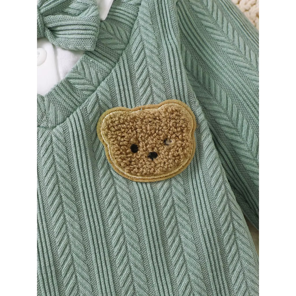 Newborn Baby Boy Cute Bodysuit Long Sleeved Knit Bear with Bow Tie Jumpsuit Birthday Party Clothing for Infant Boy 1-18 Months
