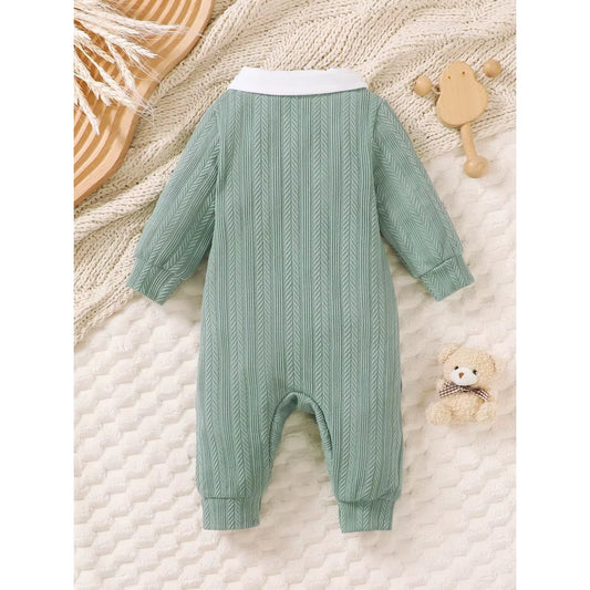 Newborn Baby Boy Cute Bodysuit Long Sleeved Knit Bear with Bow Tie Jumpsuit Birthday Party Clothing for Infant Boy 1-18 Months