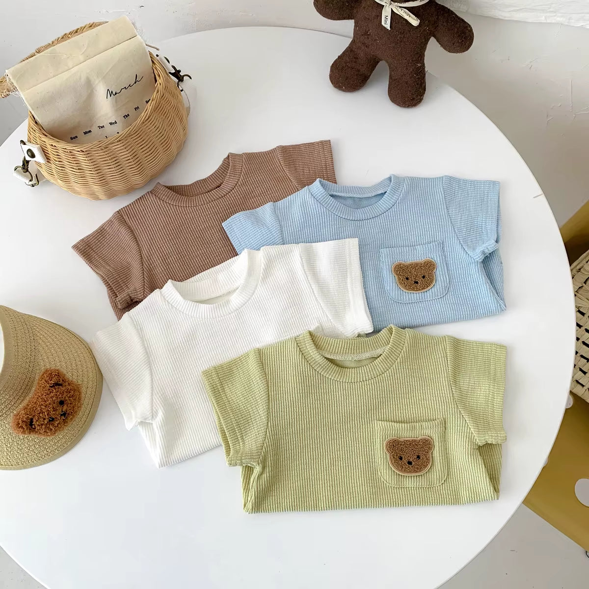 Summer Baby Clothes Newborn Jumpsuit Boy Romper Solid Color with Pockets Bear Embroidery Print 0-2Yrs